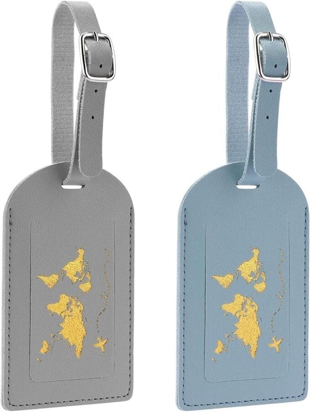 Leather Luggage Tag Blue Grey Set of 2 Matching Suitcase Identification Travel